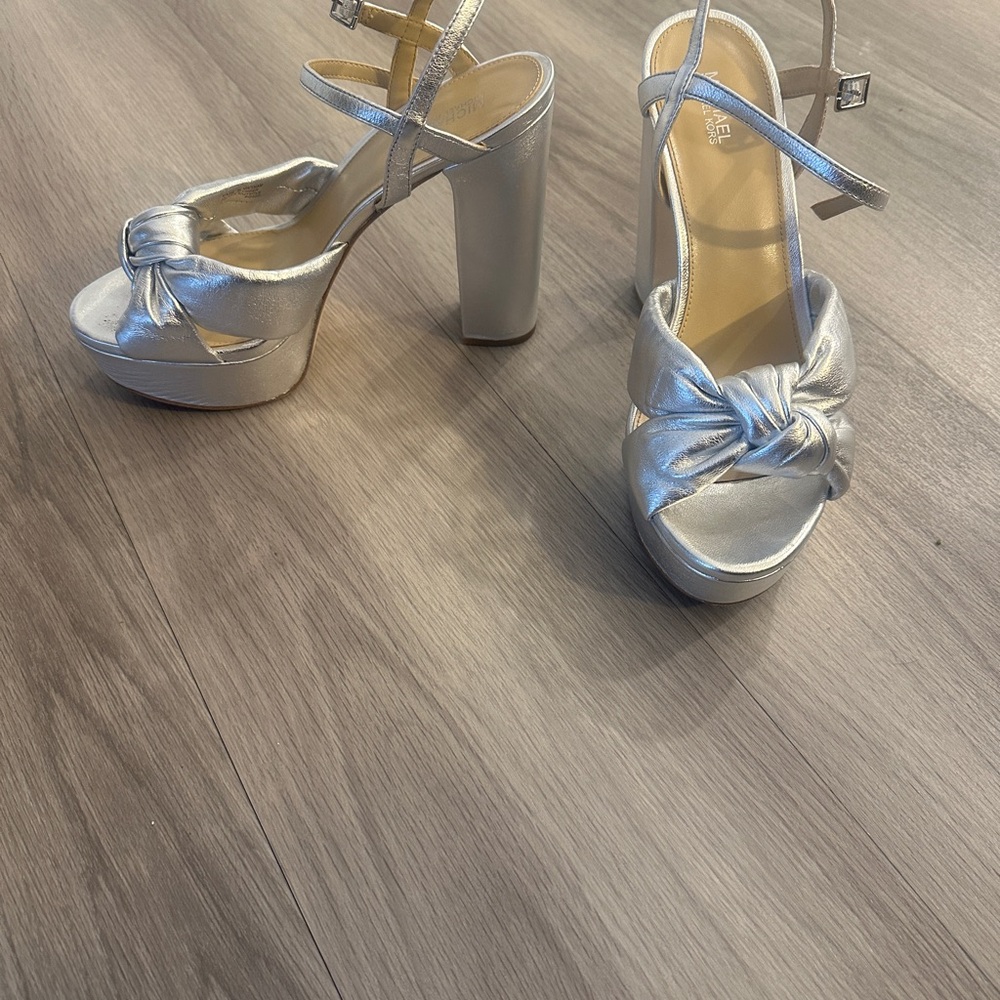 Michael Kors Josie Silver Platform Heels with Ankle Strap